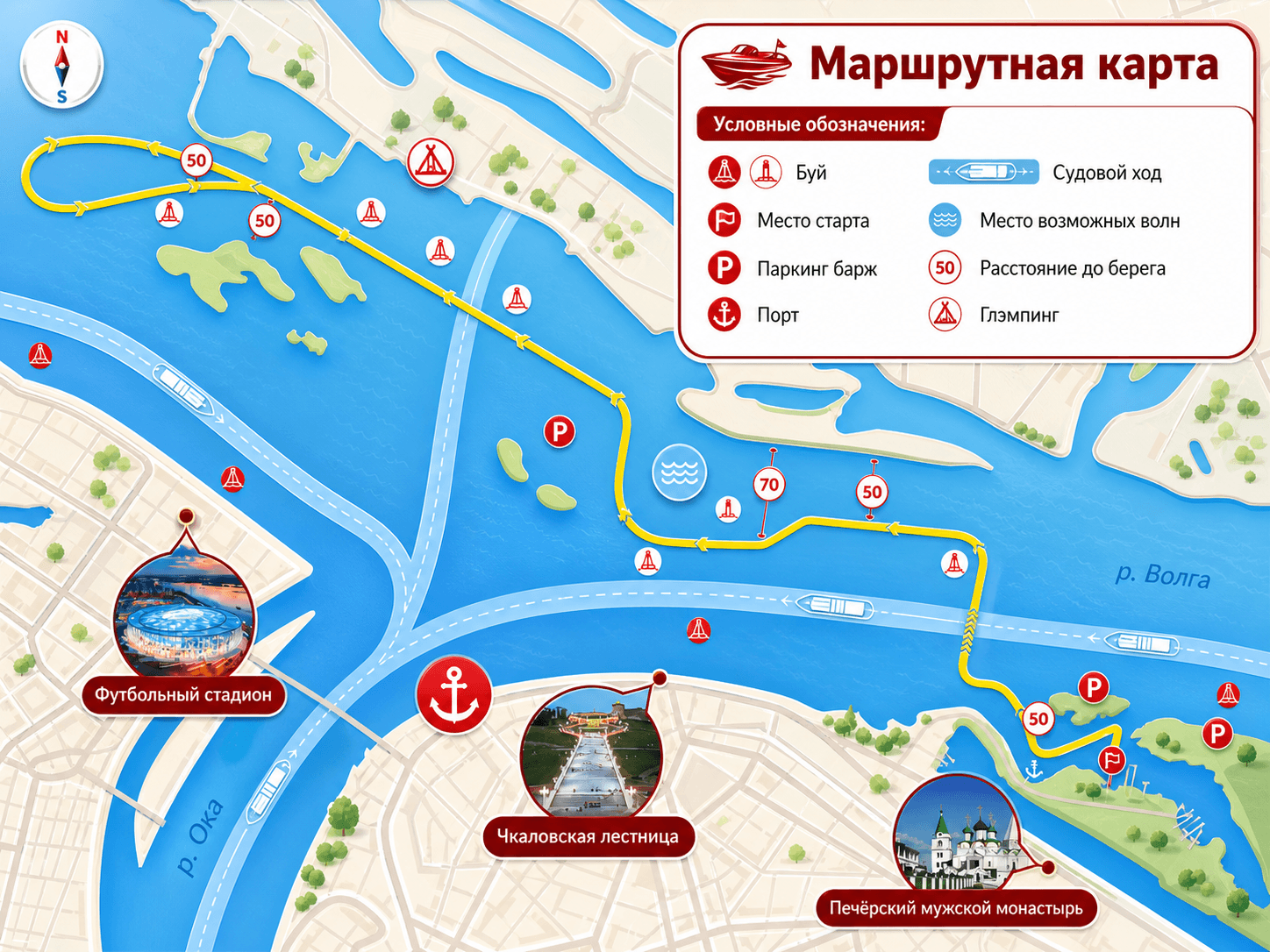 Маршрутная карта прогулки на катере без капитана в Нижнем Новгороде